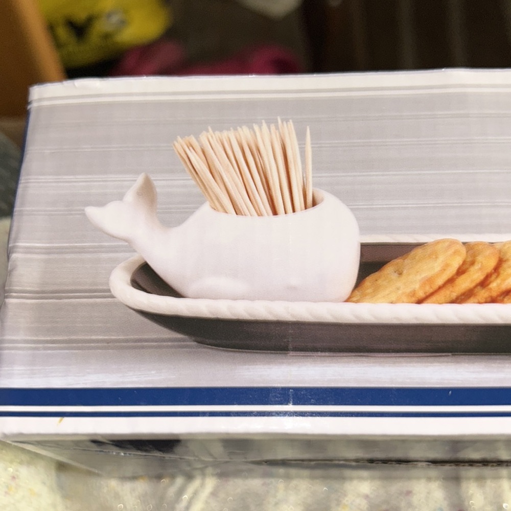 NWT White Whale Shaped Toothpick Holder with Matching Navy Blue Cracker Tray Set